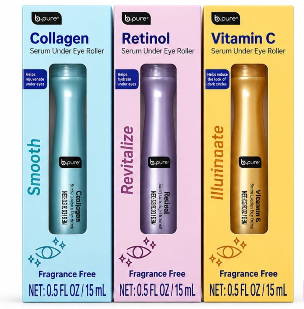 b.pure Under Eye Serum Roller 3-Pack Collagen Retinol Vitamin C 15mL Each